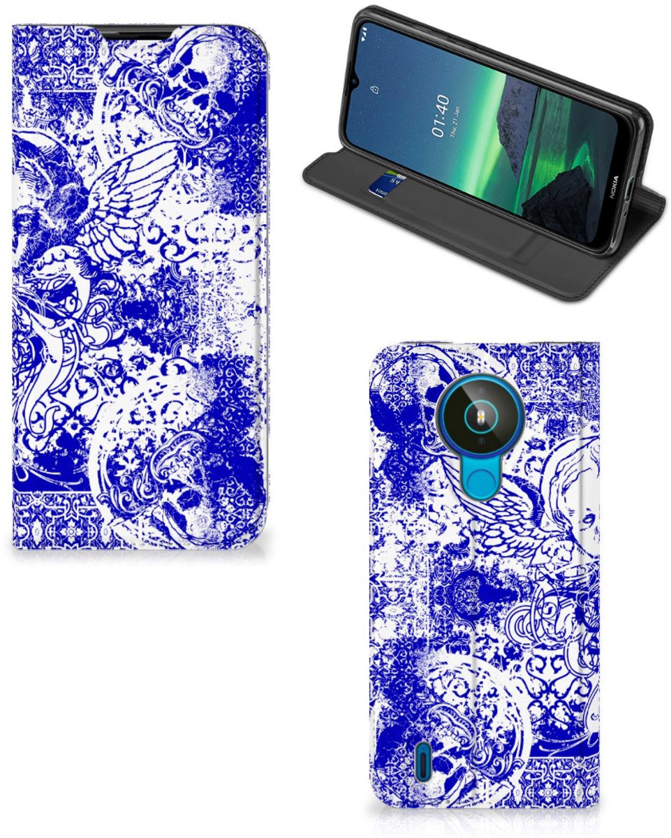 Mobiel BookCase Nokia 1.4 Angel Skull Blauw