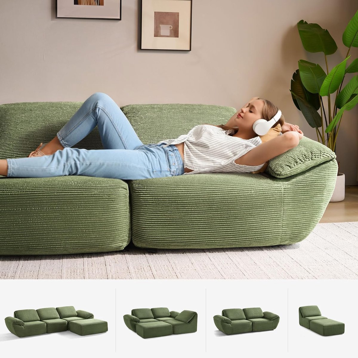 Modulaire L-vormige Slaapbank 3-Zits 290x96x74 cm – Boneless Cloud Sofa van Hoogwaardig 3D Schuim, Ribfluweel, Slaapfunctie, Ergonomisch Zitcomfort – Laura
