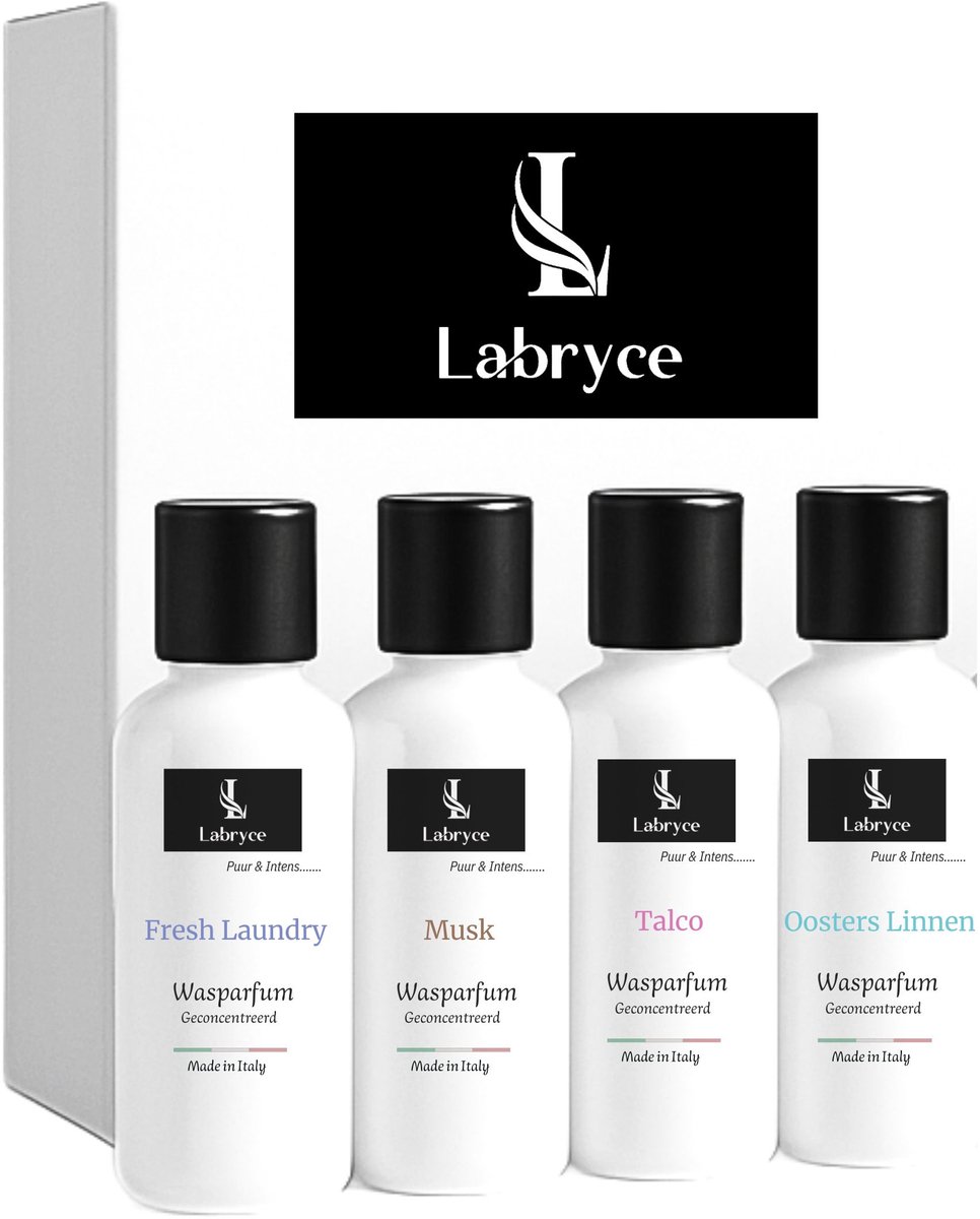 Labryce Wasparfum Proefpakket - 4 Geuren x 30 ml - Fresh Laundry - Talco - Musk - Oosters Linnen - Tot ca. 24 Wasbeurten