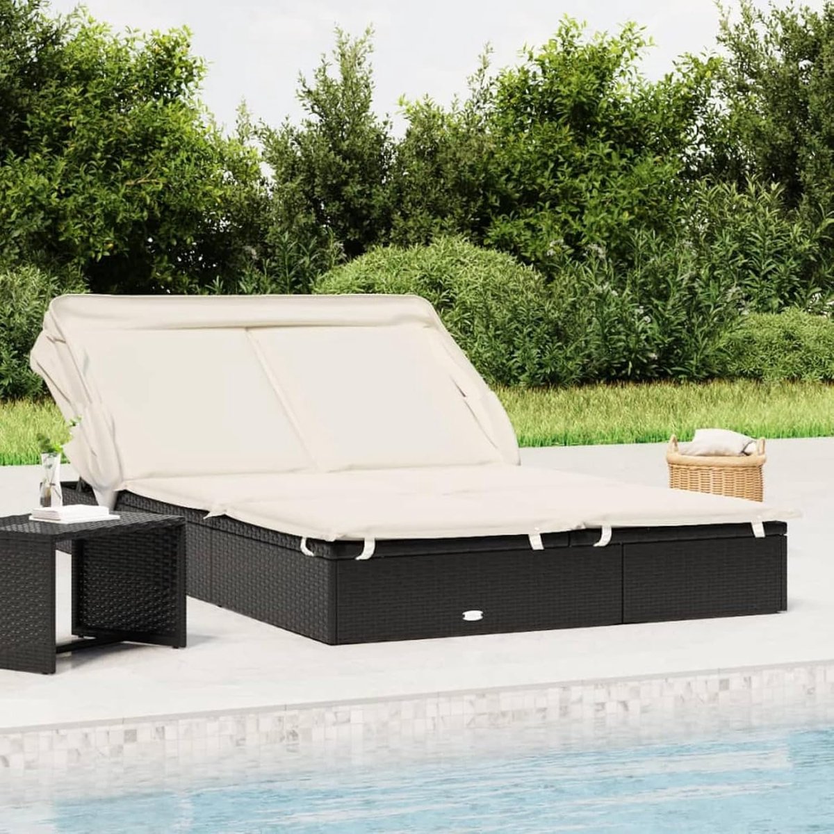 Zonnebed voor 2 Personen met Klapbaar Sonnedak 213 x 118 x 97 cm – Luxe PE-Rattan Dubbele Ligstoel voor Tuin, Balkon & Strand – Weerbestendige Outdoor Lounge Ligstoel – Zwart – Urbanhome