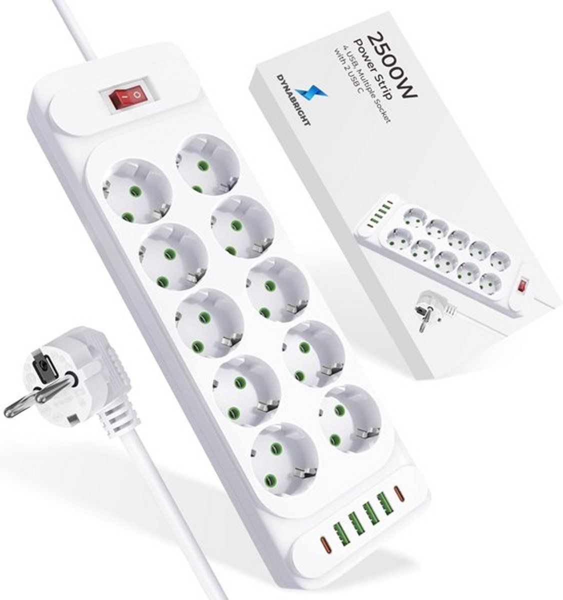 Multifunctionele Stekkerdoos met 8 AC, 4 USB & 1 USB-C – 2500W – Snelladen – 2m Kabel – Thuis, Kantoor & Reis