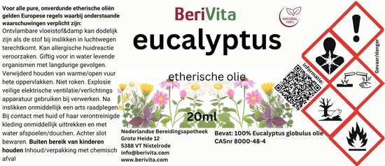 Label Berivita eucalyptus etherische olie 20ml met waarschuwingssymbolen.