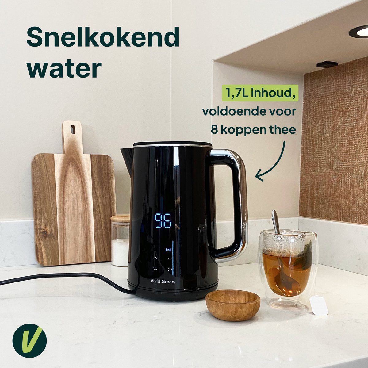 Vivid Green 2200W Waterkoker - 1.7L - Instelbare Temperatuur - BPA-vrij - Dubbelwandig - Warmhoudfunctie - Elektrisch - RVS - Zwart — afbeelding 2