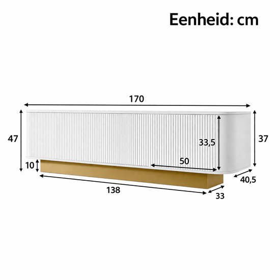 Afmetingen van witte dressoirkast met gouden voet: 170cm breed, 47cm hoog, 40,5cm diep.