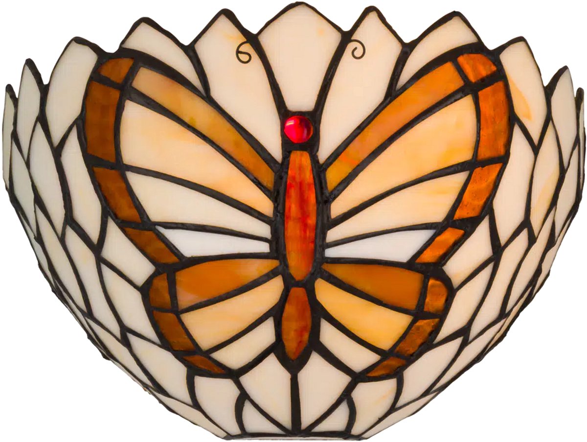 Tiffany wandlamp Vlinder - Crème-amber - B 25 cm - Glas in lood - Warm licht - Muurlamp | RORUVERA