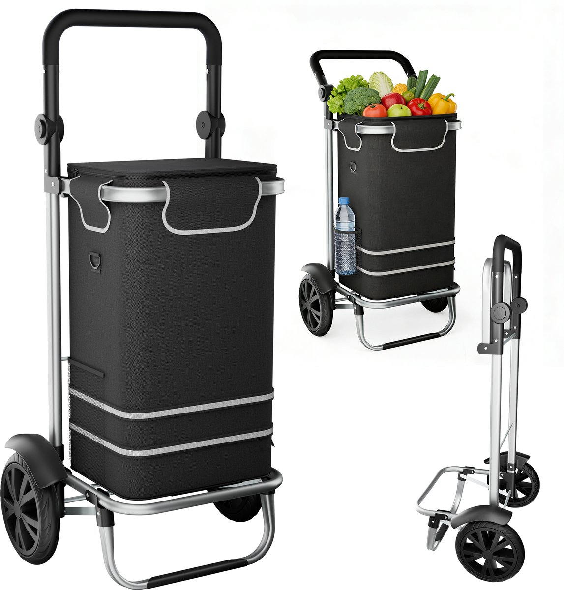 Opvouwbare Boodschappentrolley met Wielen – Boodschappenwagen 56L – Aluminium Transportwagen 30 kg – Zwart – Klapbare Bolderkar voor Boodschappen en Camping - 100 × 45,5 × 39 cm