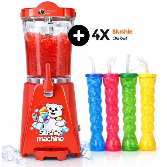 Rode slushiemachine van Luxera met 4 gekleurde slushiebekers.