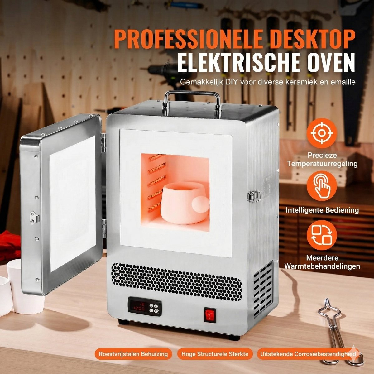 Elektrische Smeltoven - Keramiekoven - Aardewerk Bakoven - Sieraden Oven - PID Temperatuurregeling - 1500W Verwarmingselement - Max 1200°C - Verloren Wasgieten - Metaalklei Bakken - Tafelmodel - Roestvrij Staal Behuizing - DIY Smeltoven – foto 2