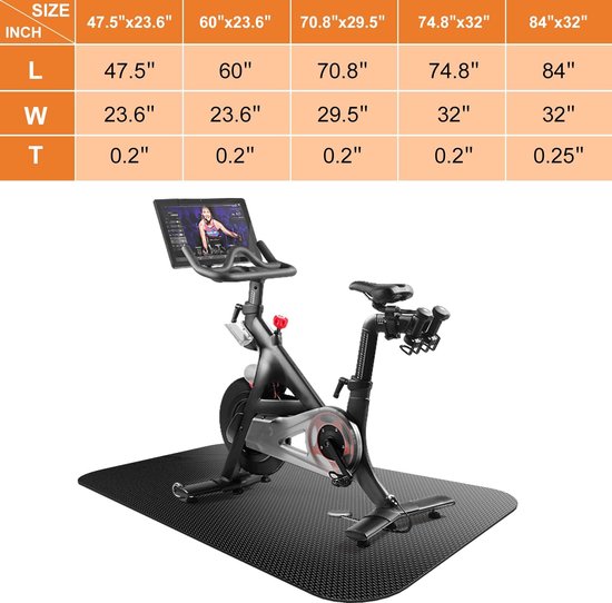 Hometrainer op een zwarte fitnessmat, met een tabel met afmetingen in inches.