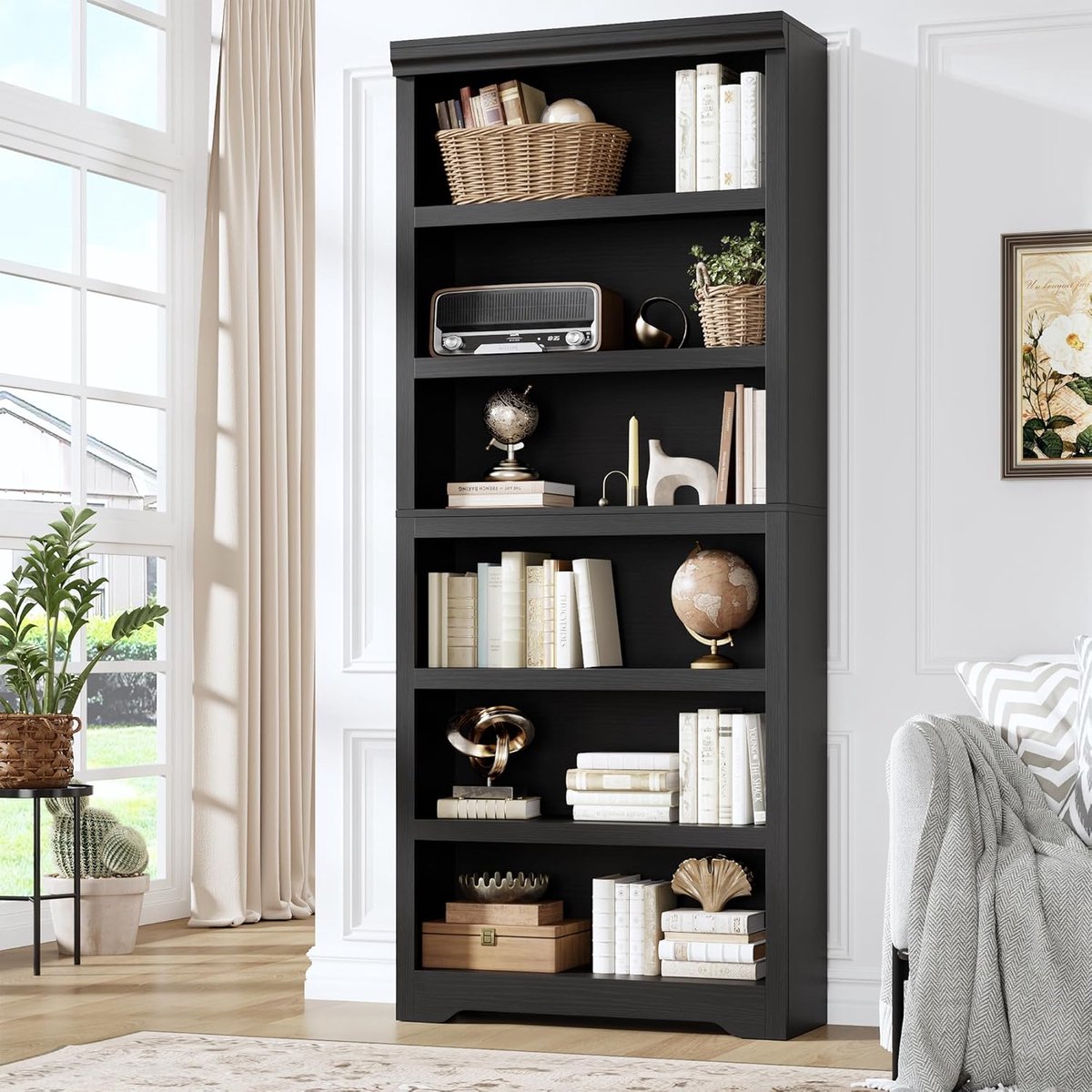 HOERFURIY Hoge Boekenkast met 6 Planken - Zwarte Open Vakkenkast met Verstelbare Planken - Opbergkast voor Woonkamer, Kantoor & Slaapkamer - 190 cm Hoog