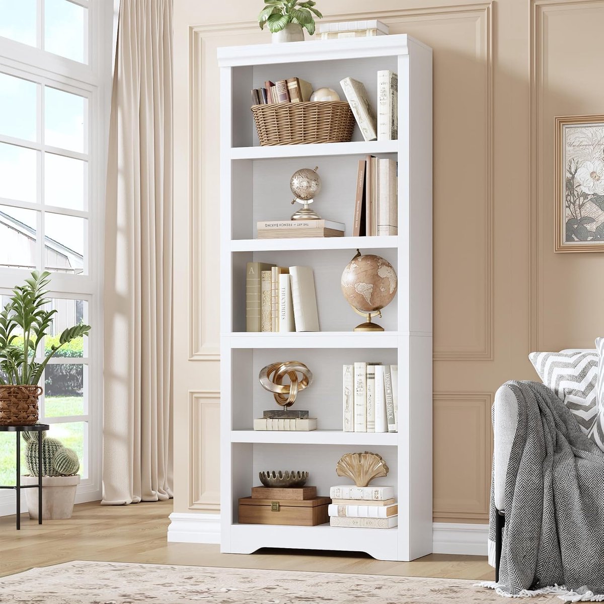 HOERFURIY Hoge Boekenkast met 5 Planken - Witte Open Vakkenkast met Verstelbare Planken - Opbergkast voor Woonkamer, Kantoor & Slaapkamer - ca. 175 cm Hoog