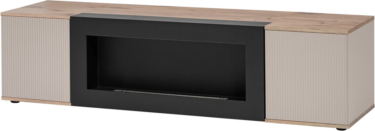 ZHPK TV-meubel met bio-ethanol haard 160 cm – echte vlam – modern design – houtlook & beig