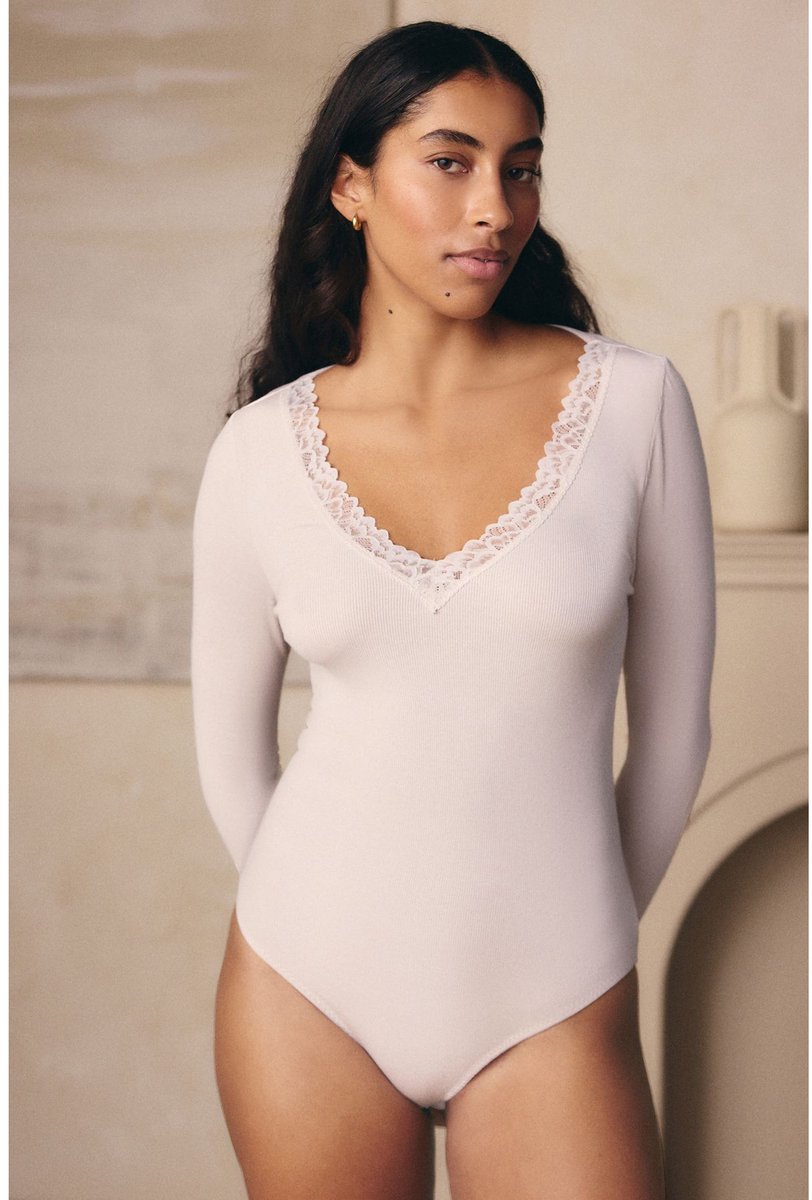 Next - Dames - Thermische Base Layer Bodysuit met kanten afwerking - Naturel
