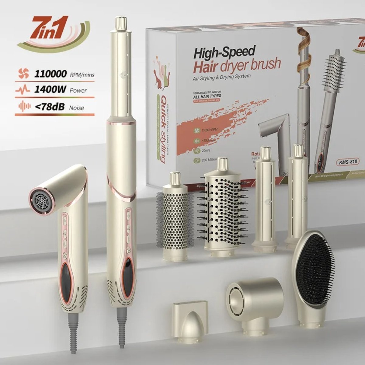 High speed1400W 7-in-1 haardroger set met heteluchtstyler, stijltang, haarborstel en krultang, professionele haarstyler set