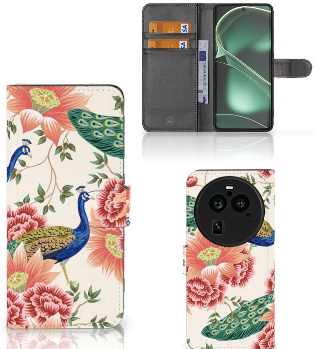 Telefoonhoesje met Pasjes voor OPPO Find X6 Pro Pink Peacock