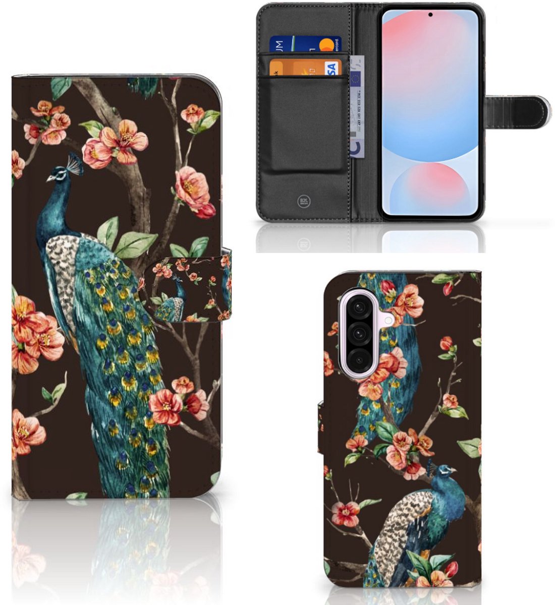 Samsung Galaxy A56 Telefoonhoesje met Pasjes Pauw met Bloemen