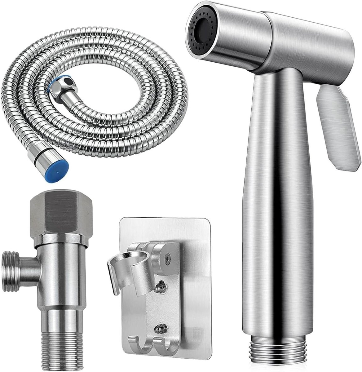 Handdouche voor bidet en toilet, roestvrijstalen handdouche met hoekventiel 1/2 en G3/8" slang voor persoonlijke hygiëne en badkameraccessoires