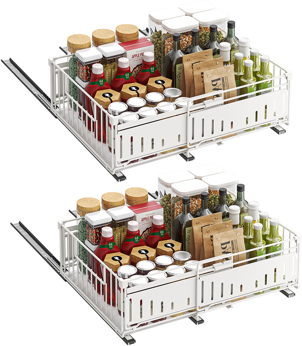 2-set - Uitschuifbare Keukenkast Organizer Zonder Boren - Verstelbare Lade voor Kastinrichting - Soft Close - Wit