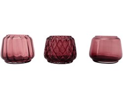 XLBoom Kuro T-Light Mix Set 3 Plum – Mondgeblazen glazen theelichthouders (set van 3) – Kies uit Moss | Smokey | Plum – Design woonaccessoire