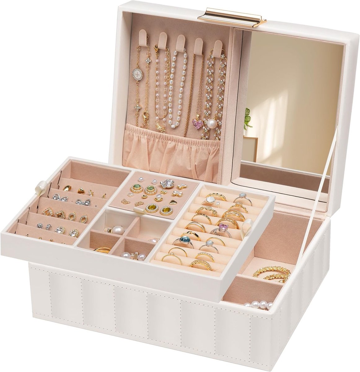 Elegante Sieradenbox met 2 Laagjes en Verwijderbare Tray voor Oorbellen, Kettingen en Armbanden - Wit