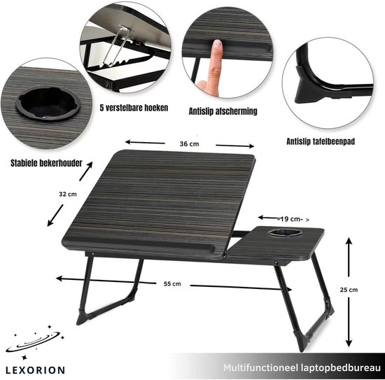 Details van de Lexorion multifunctionele bedtafel, inclusief bekerhouder, 5 verstelbare hoeken, antislipafscherming en antislip tafelbeenpad.