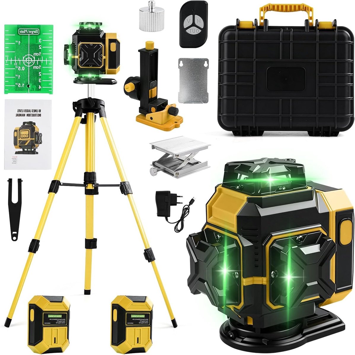 Professionele 4D 16-Lijnen Laserwaterpas met Statief, Zelfnivellerend, 360° Rotatie en Afstandsbediening, Inclusief 2 x 3600mAh Batterijen