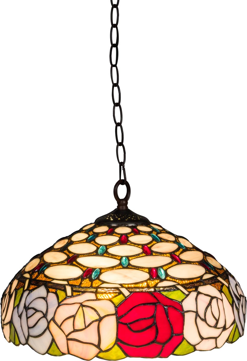 Tiffany hanglamp roos - Meerkleurig - Ø 40 cm - Glas in lood - Warm licht - Inclusief ketting en plafondplaat - Pendellamp | RORUVERA