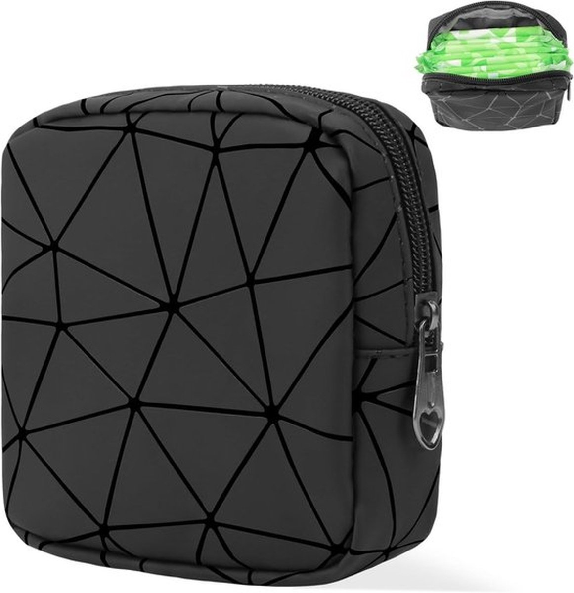 2 stuks geometrisch patroon opbergzakje voor maandverband, waterdichte draagbare cosmetica voor vrouwen voor buiten, menstruatietas voor vrouwen, opbergtas voor maandverband, draagbare tas voor maandverband, kleine make-uptasjes (zwart)