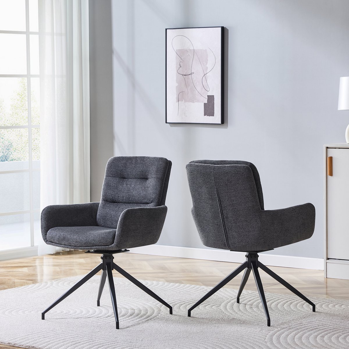 Draaibare Eetkamerstoel-Set van 2-360° Draaibaar-zwart, donkergrijs-Ergonomische Zitting e