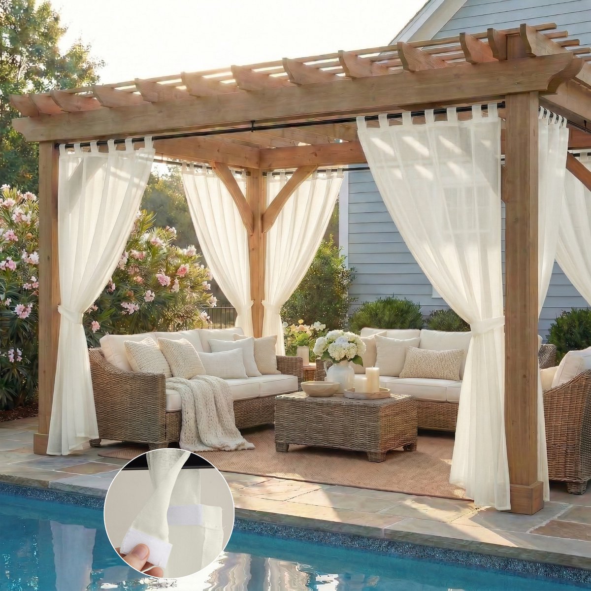 Qelus Buitengordijn Klittenband - Lichtdoorlatend Outdoor Gordijn Waterdicht - Zonder Roede Demonteren - 132x244cm - Beige - 1 Stuk