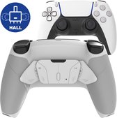 Witte controller met grijze handgrepen en paddles aan de achterkant. De voorkant toont de knoppen.