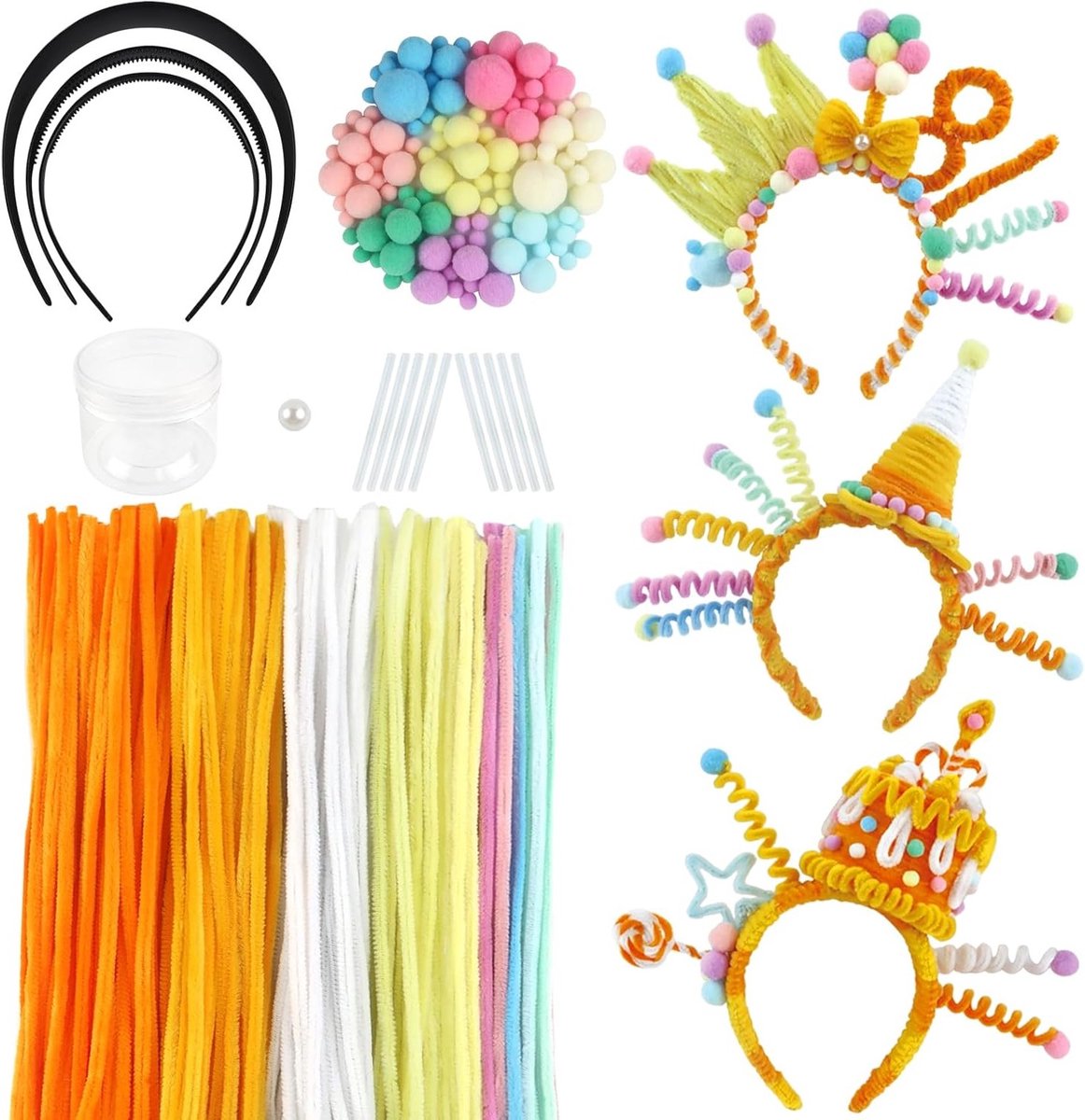 Kleurige Haarbanden en Creatieve Accessoires voor Handgemaakte Verjaardagscadeaus, 330 Stuks Pijpenragers, Pompoms en Meer