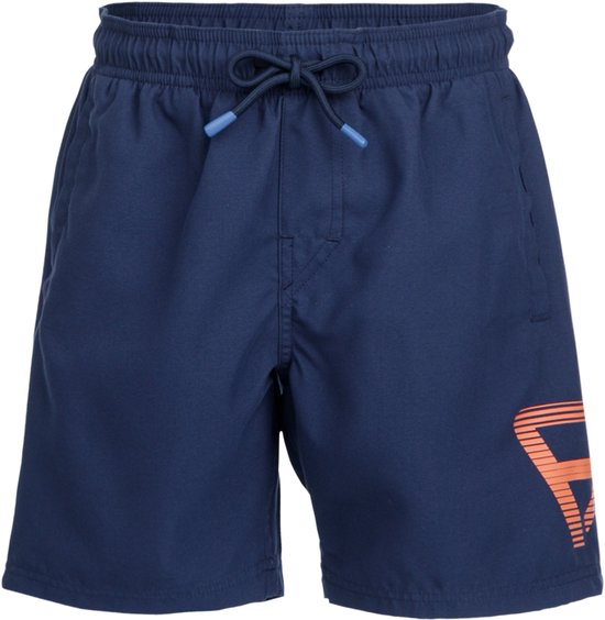 Donkerblauwe zwembroek met oranje logo op de zijkant.