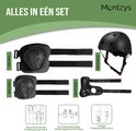 Zwarte helm met knie-, elleboog- en polsbeschermers van Montzys.