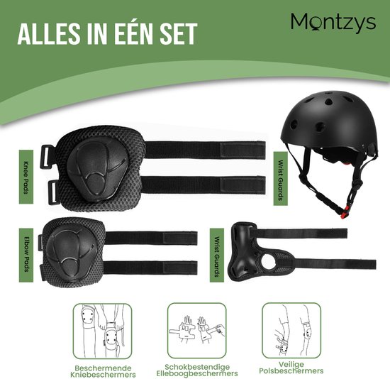 Zwarte helm met knie-, elleboog- en polsbeschermers van Montzys.