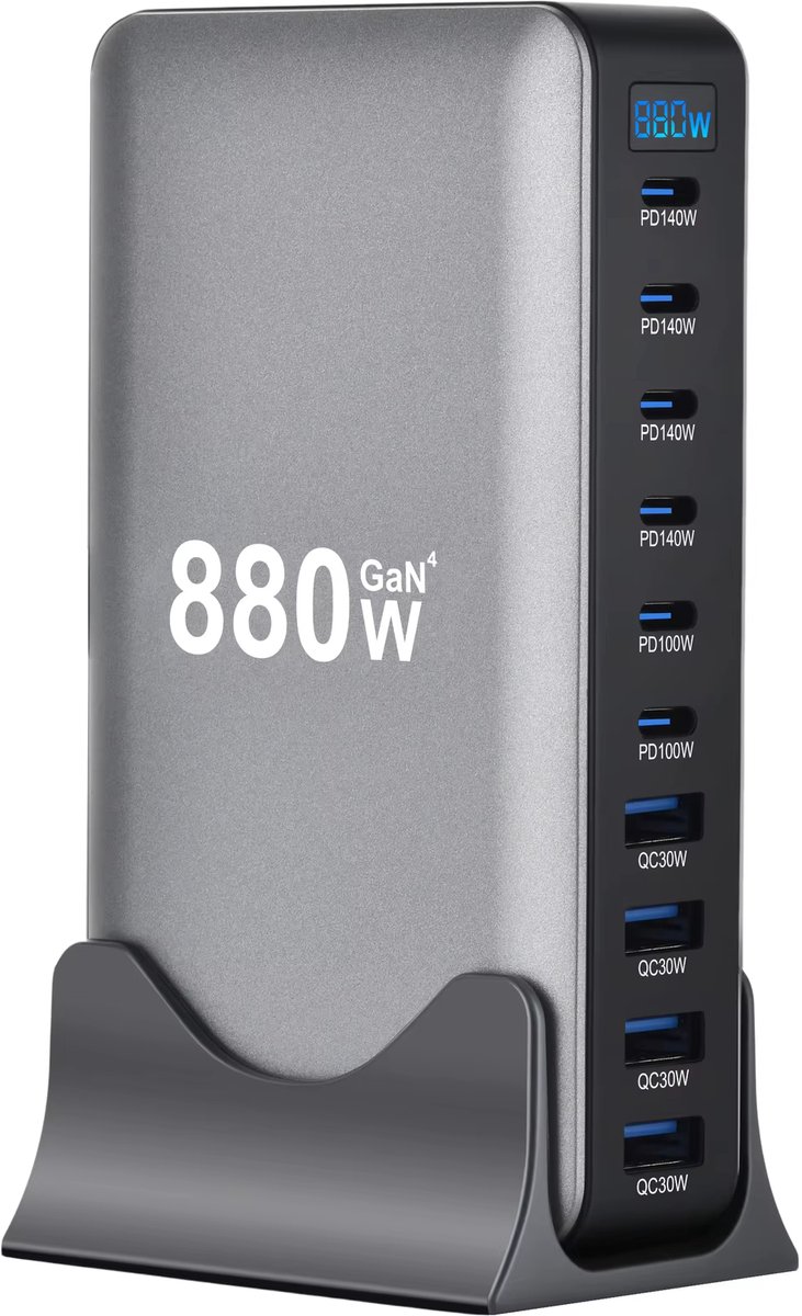Desktop Oplader Hub 880W GaN4 – 10 Poorten Oplaadstation (6x USB-C, 4x USB-A) – Snellader / Fast Charger – Universele Lader Geschikt voor Iphone en Samsung