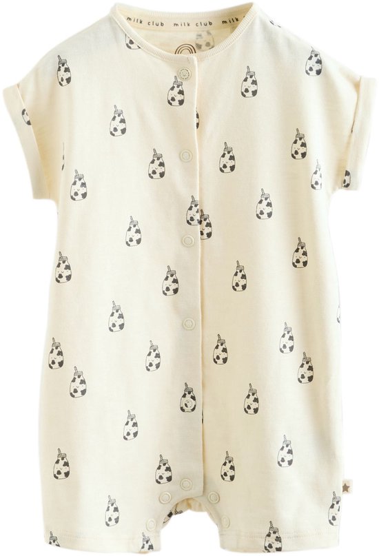 Crèmekleurige romper met korte mouwen en een print van melkpakken.