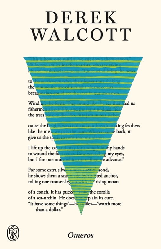 Livre "Omeros" de Derek Walcott. Un triangle inversé avec des rayures bleues et jaunes. Texte en blanc sur fond beige.