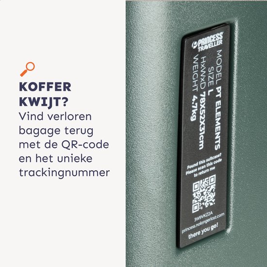 Groene koffer met een label met QR-code en trackingnummer voor het terugvinden van bagage.