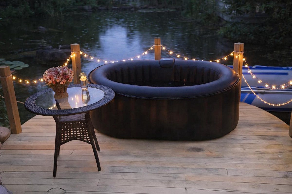 Opblaasbare jacuzzi 2 personen rond Ø120 cm met verwarming en cover – Compacte spa bubbelbad met onderlegger, indoor outdoor hot tub antraciet – Urbanhom