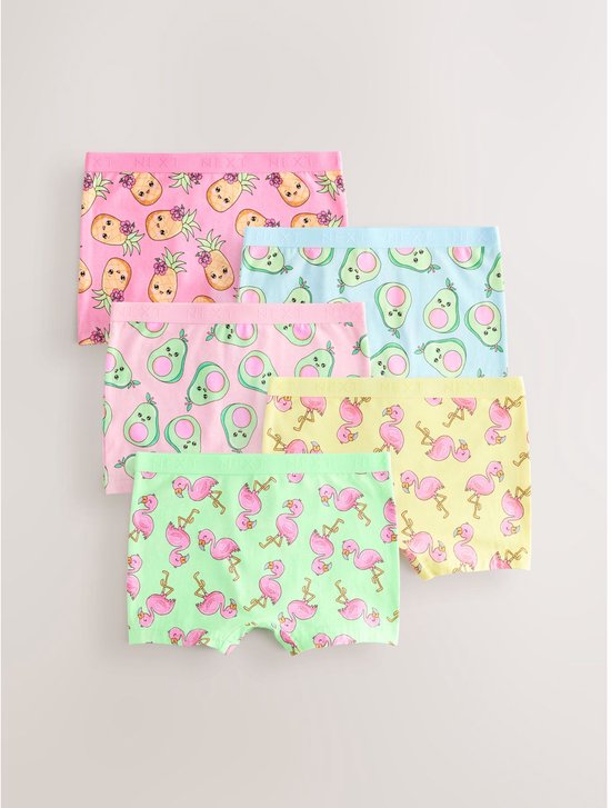 Set van 5 korte slips met fruitprints: ananas, avocado, flamingo en watermeloen in roze, lichtblauw, geel en groen.