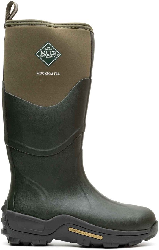 Groene Muck Boot Muckmaster laarzen met een olijfgroene schacht en een rubberen zool.