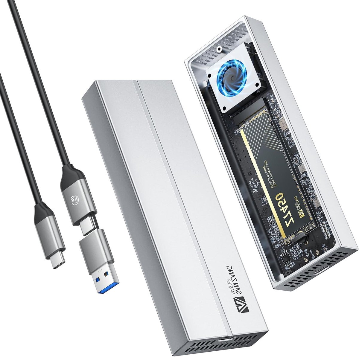 NVMe SSD Enclosure - M.2 Behuizing - Snelle Data Overdracht - Actieve Koeling Met Ventilator - 40Gbps - zilver
