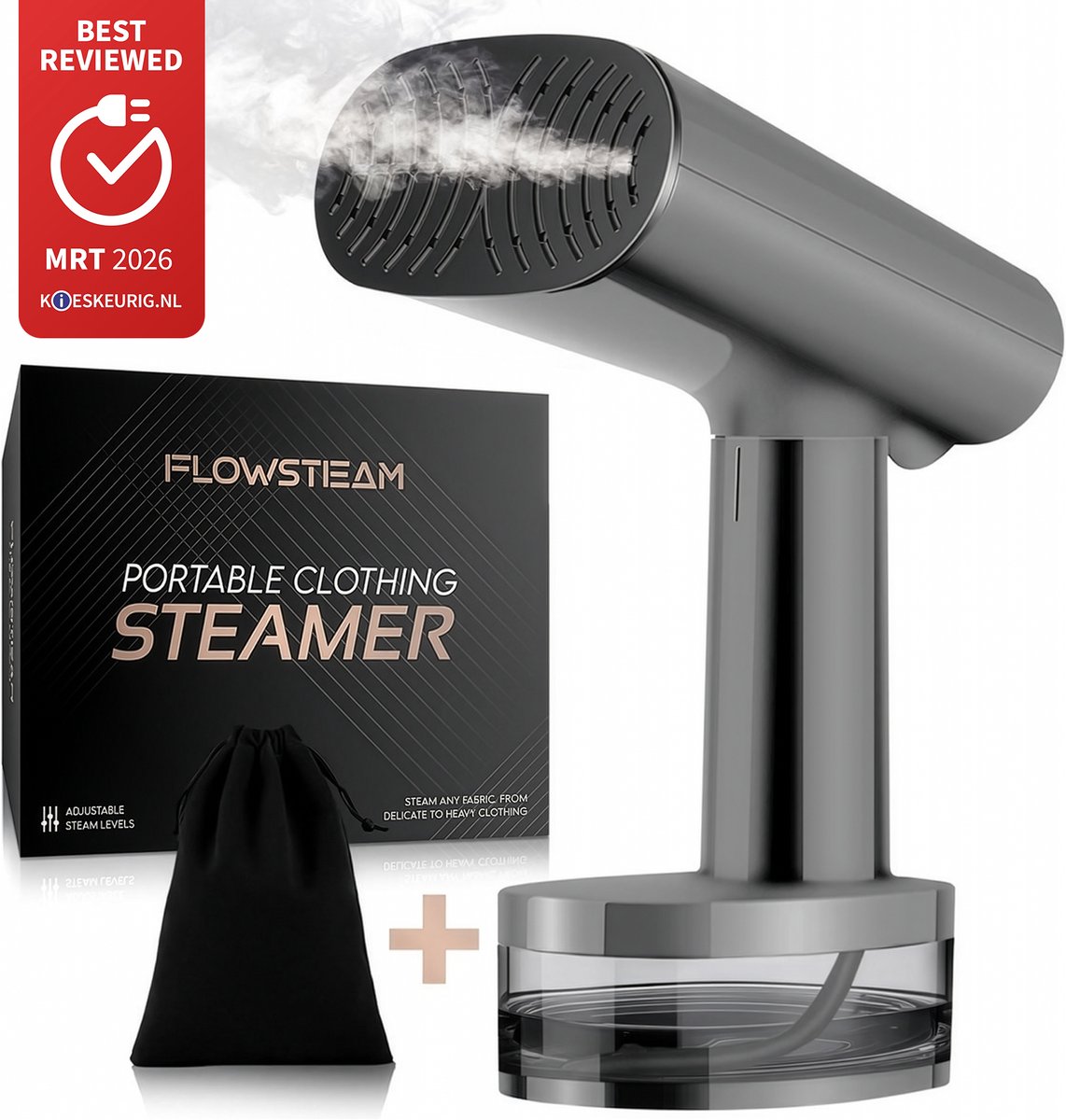 Bol.com FLOWSTEAM® Luxe Kledingstomer - Handstomer - Stoomreiniger - Stoomapparaat Kleding - Matte Gray Edition - Inclusief Opbe... aanbieding