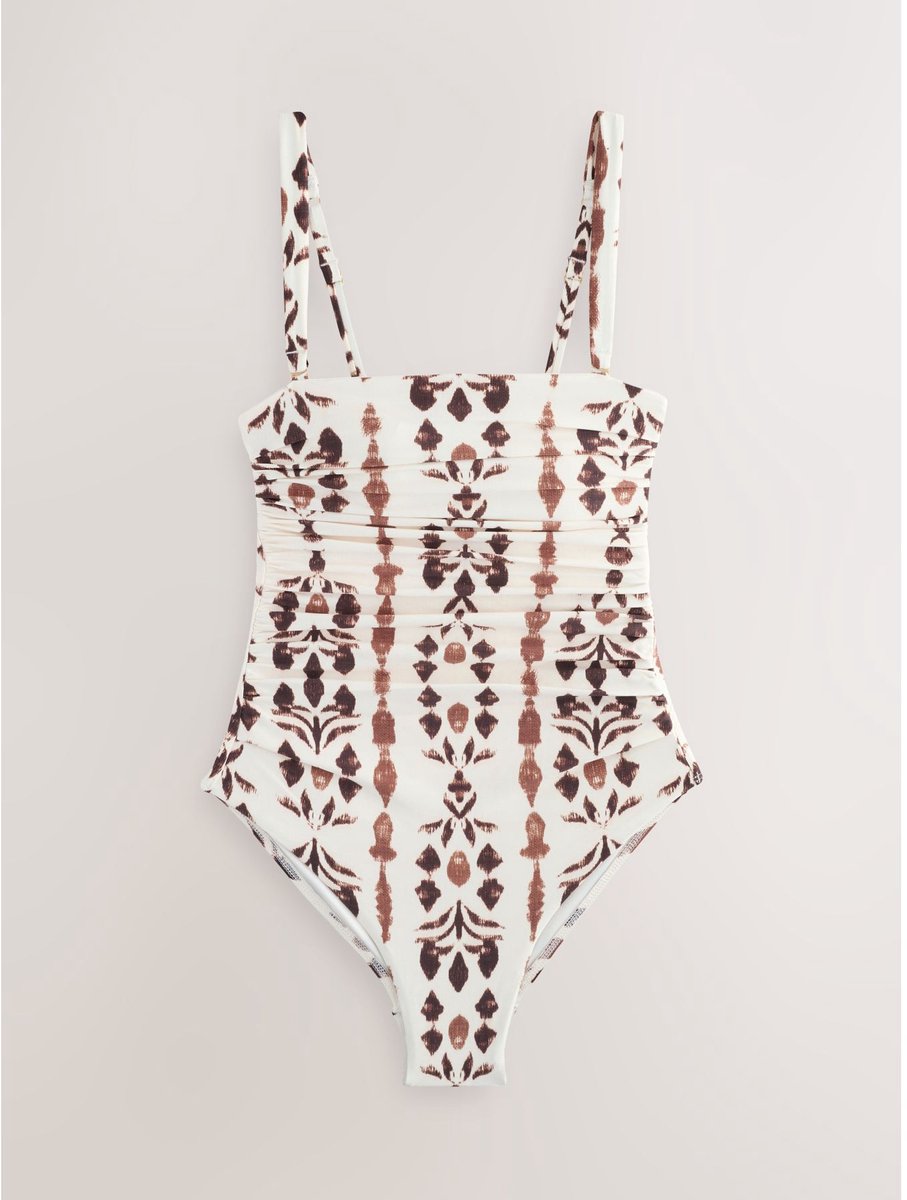 Next Dames - Gerimpeld buikcorrigerend bandeau Zwempak - Crème Brown/Cream Ikat