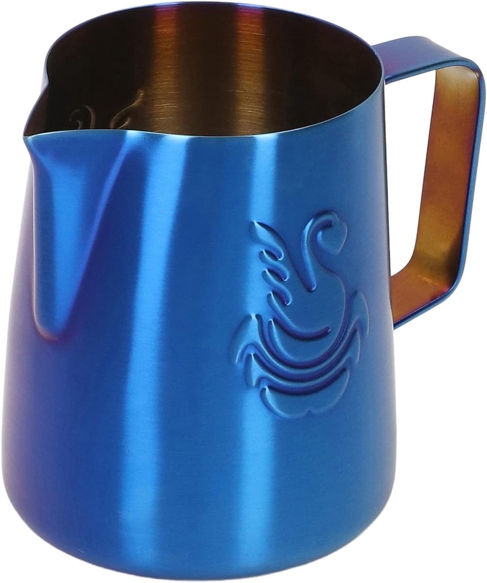 Stainless Steel Melkkan 380ml met Tuit, Uniek Zwanenontwerp en Kleurrijke Handgreep - Perfect voor Koffieliefhebbers en Barista's