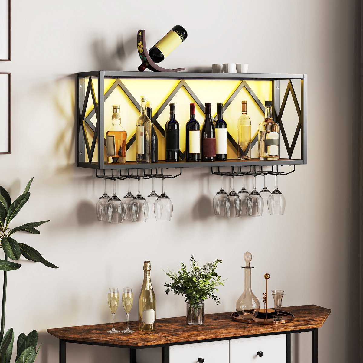 COSTWAY Wijnrek voor aan de muur met ledverlichting, 2 niveaus flessenrek hout met metalen frame, met 6 rijen wijnglashouder, industrieel design, ideaal voor thuis, bar, keuken en restaurant — cadeau in Wonen & Interieur - foto 6