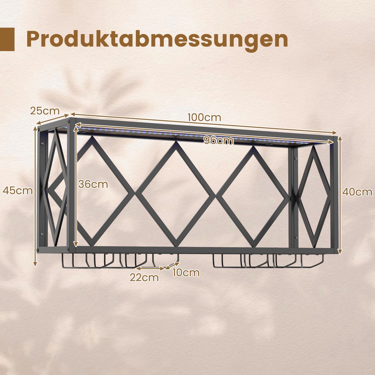 COSTWAY Wijnrek voor aan de muur met ledverlichting, 2 niveaus flessenrek hout met metalen frame, met 6 rijen wijnglashouder, industrieel design, ideaal voor thuis, bar, keuken en restaurant — cadeau in Wonen & Interieur - foto 2