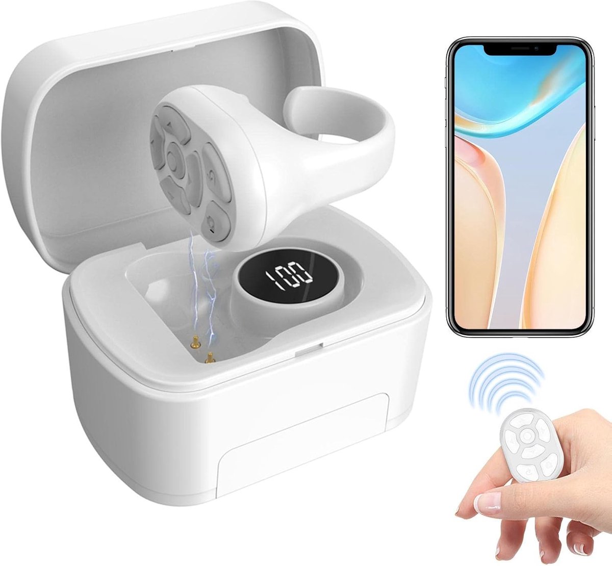 Bluetooth Ring Afstandsbediening - TikTok Scroller & Pagina Omslag voor E-books - Met Oplaadcase & LCD Scherm - Draadloos - Universeel - Wit