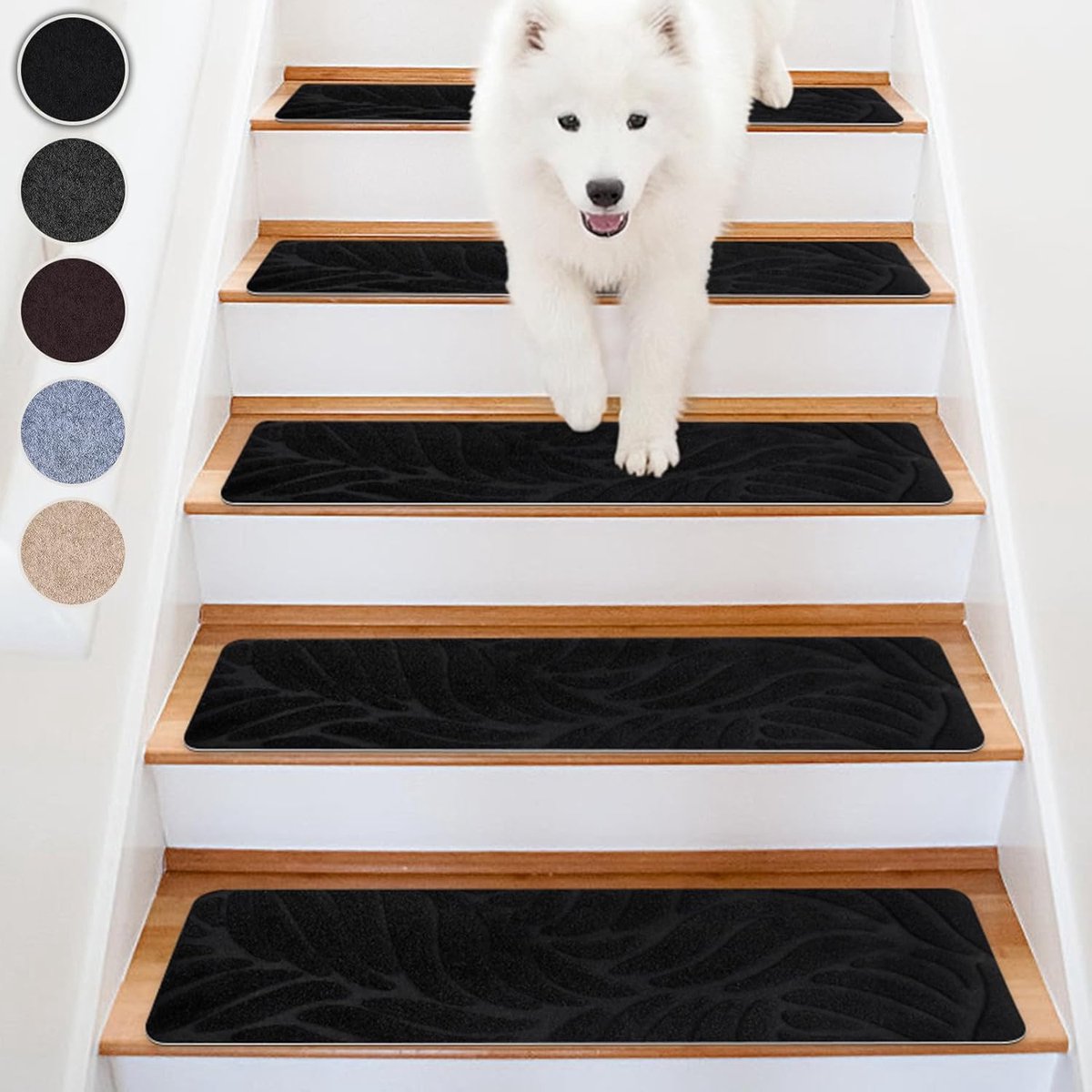 Anti-slip trap Treadmats Set van 5 - zelfklevende trap matten binnenshuis, trap mat snijbaar en herbruikbaar voor het beschermen van huisdieren, senioren kinderen (zwart, 76 x 20cm)